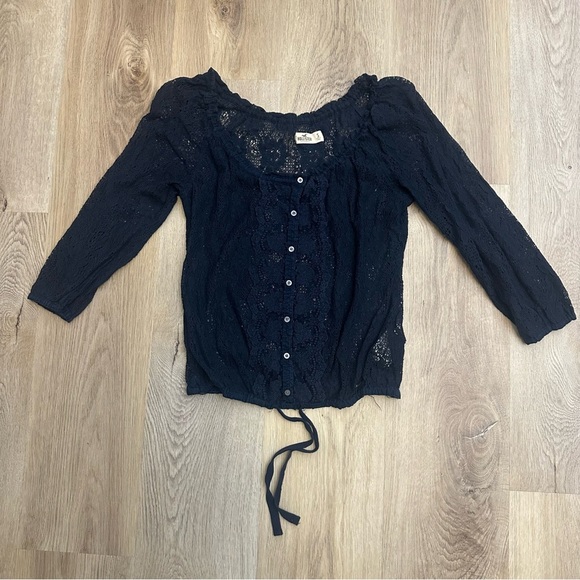 Hollister Navy Semi-Sheer Floral Knit Blouse - Picture 5 of 7